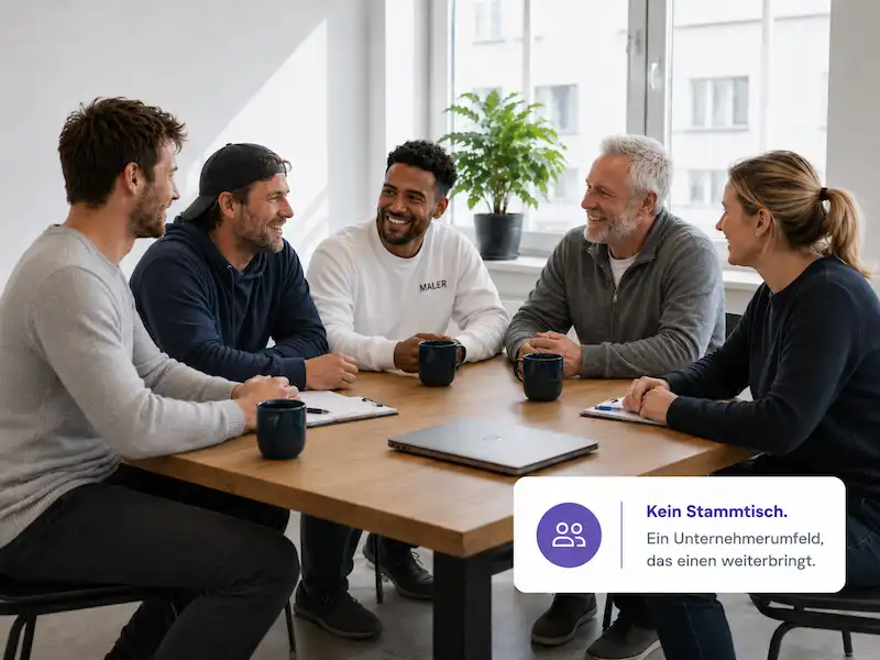 Unternehmer im Austausch am Tisch – kein Stammtisch, sondern ein Umfeld, das weiterbringt
